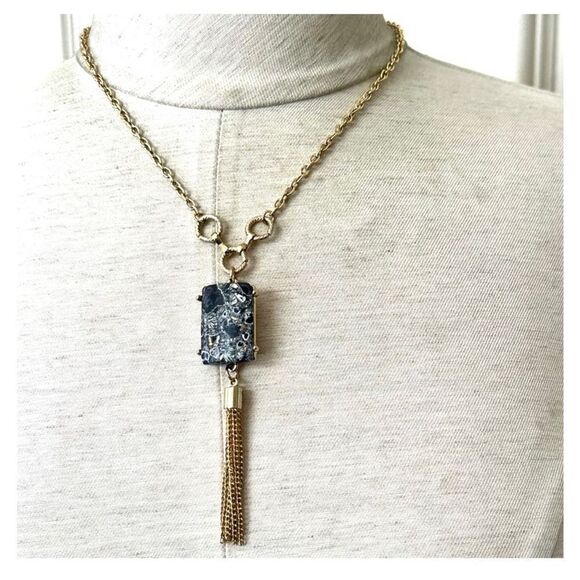 Gold tone grey stone pendant tassel chain necklace - Picture 1 of 10